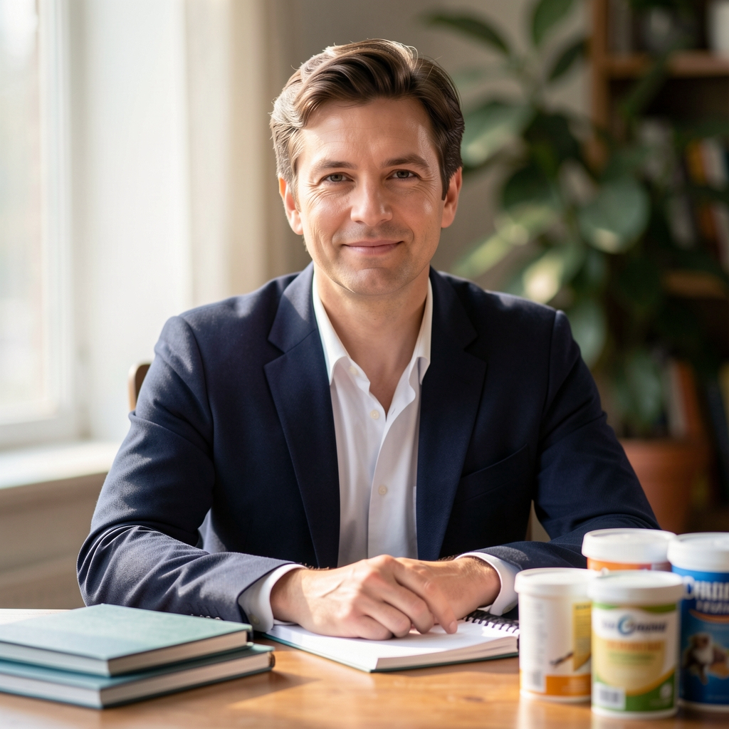 Editorial portrait of the lead editor at a wooden desk with notebooks and supplement containers in soft morning light
