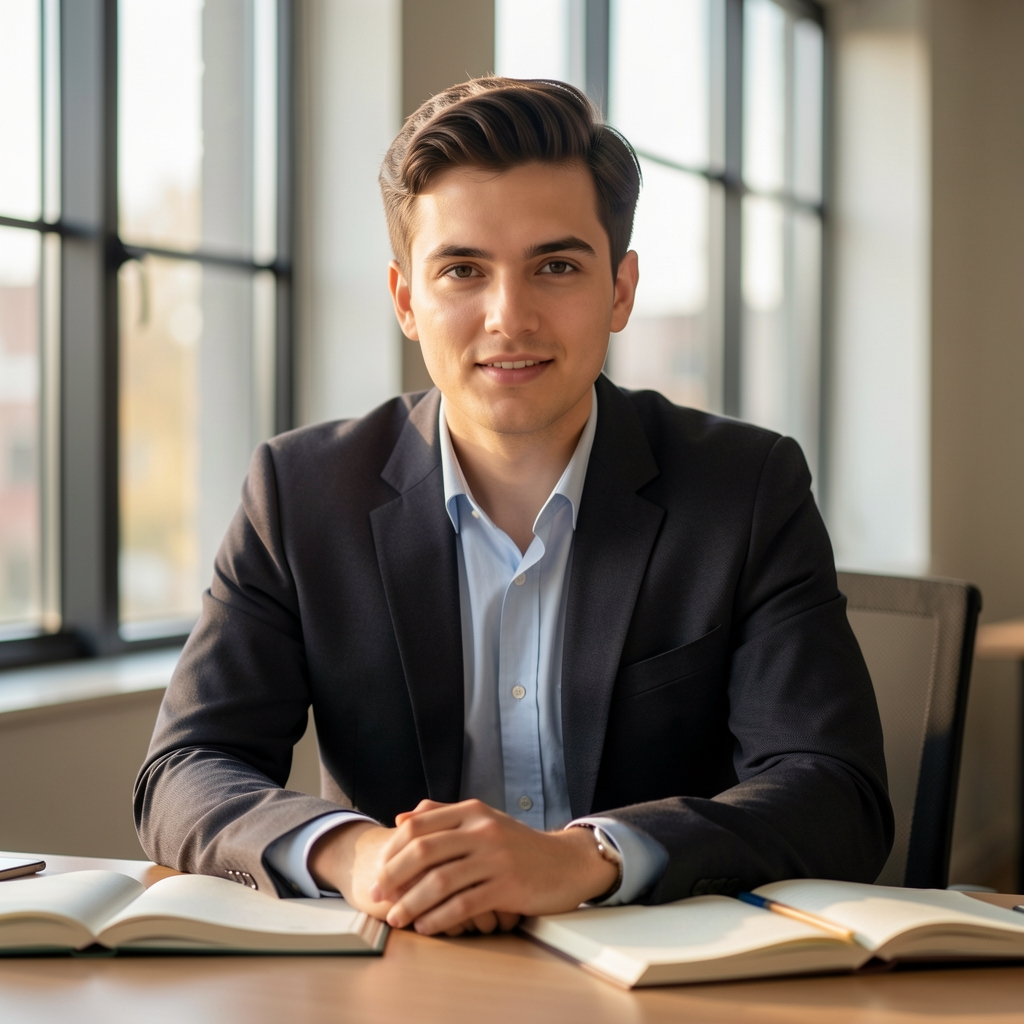 Editorial portrait of Marcus Webb, lead editor, seated at a desk with open notebooks and afternoon light through large windows