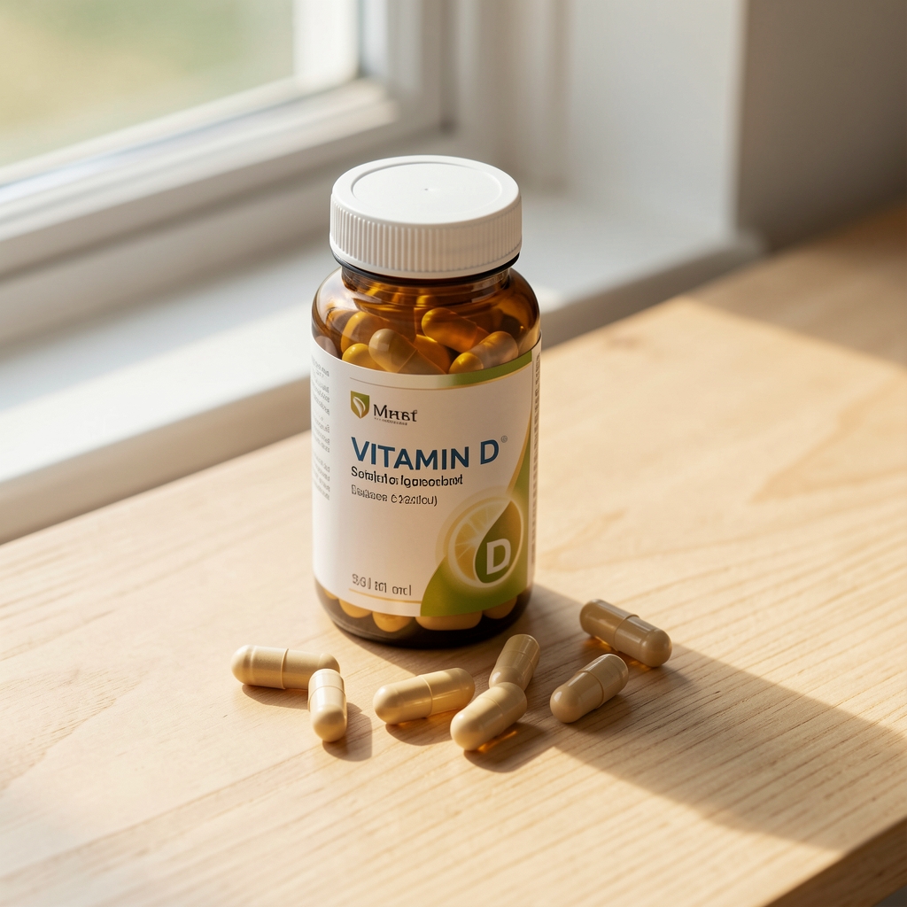 Close-up of vitamin D supplement bottle and portions on a light wooden surface, morning light from window, editorial overhead composition