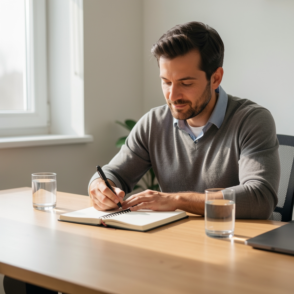 Man journalling at a desk with a notebook, pen, and glass of water in soft morning daylight, minimal home office setting