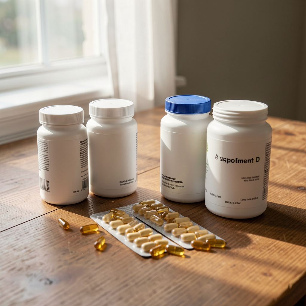 Supplement containers and vitamin D portions arranged on a wooden desk with morning light coming through a window, editorial flat lay composition