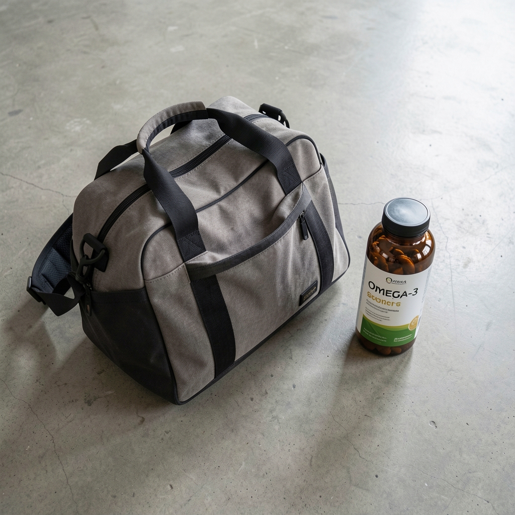 Gym bag and water bottle on a clean concrete floor next to omega-3 supplement container, editorial flat lay composition with natural light