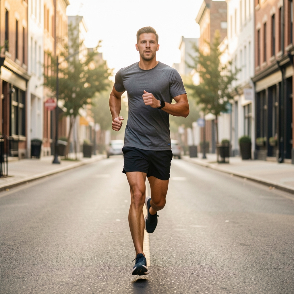 Morning outdoor run scene on an empty street, early light, man in active wear jogging, motion editorial photograph