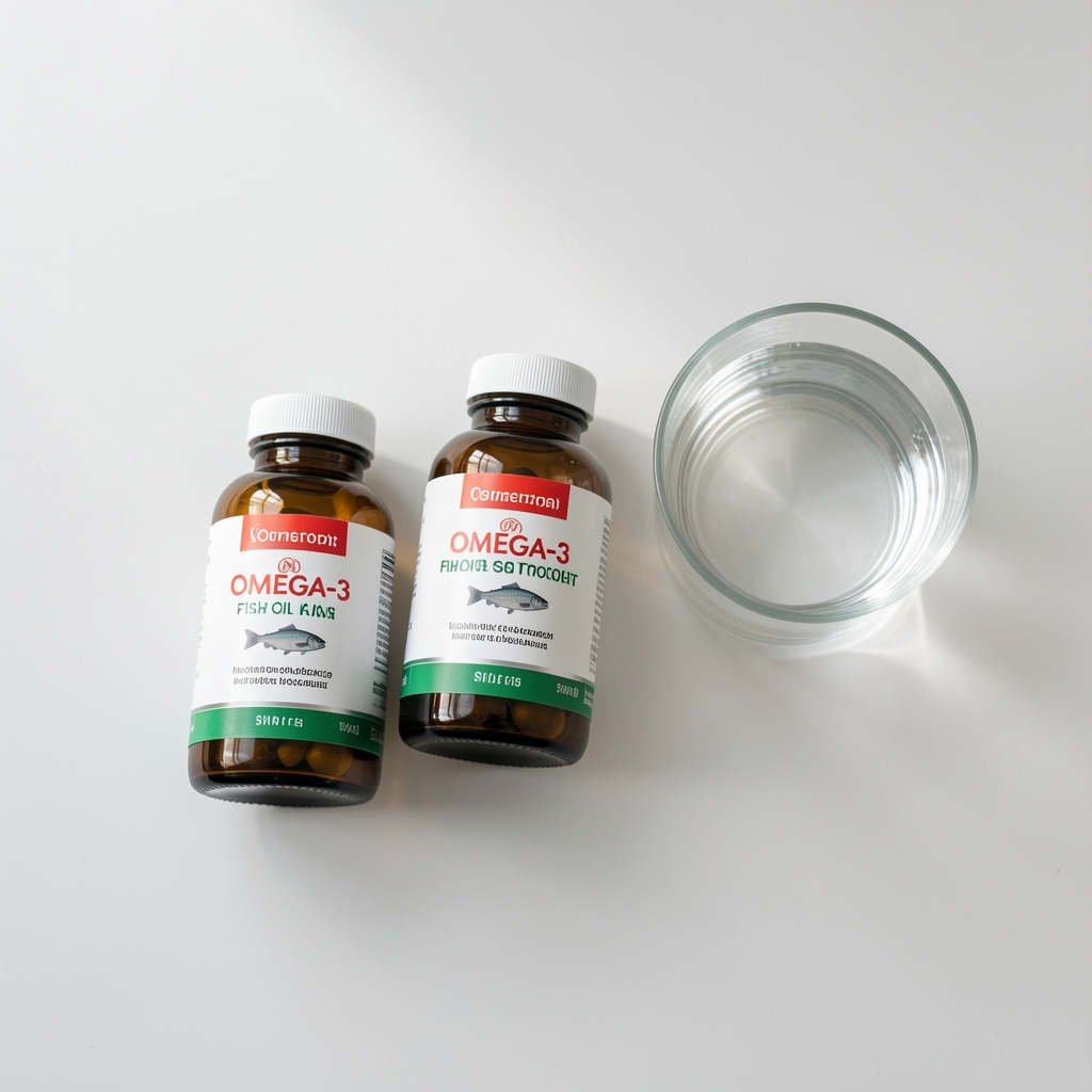 Omega-3 fish oil supplement bottles and a glass of water on a clean minimal surface, editorial overhead composition in soft natural light