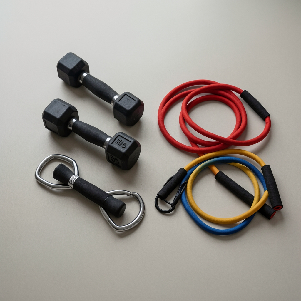 Weights and resistance bands arranged on a clean gym floor surface, editorial flat lay composition with neutral background