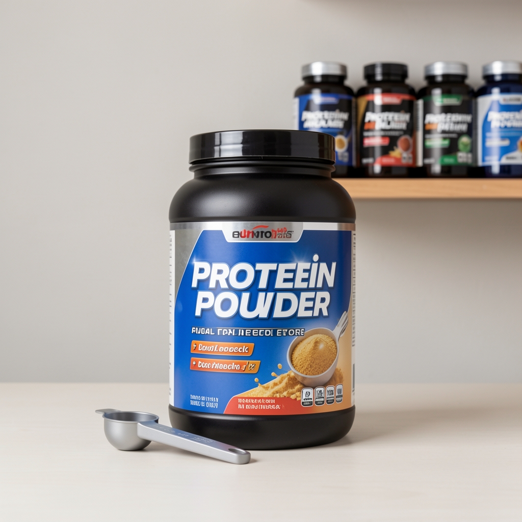 Protein powder container and measuring scoop on a neutral background, supplement containers on a shelf, editorial overhead composition