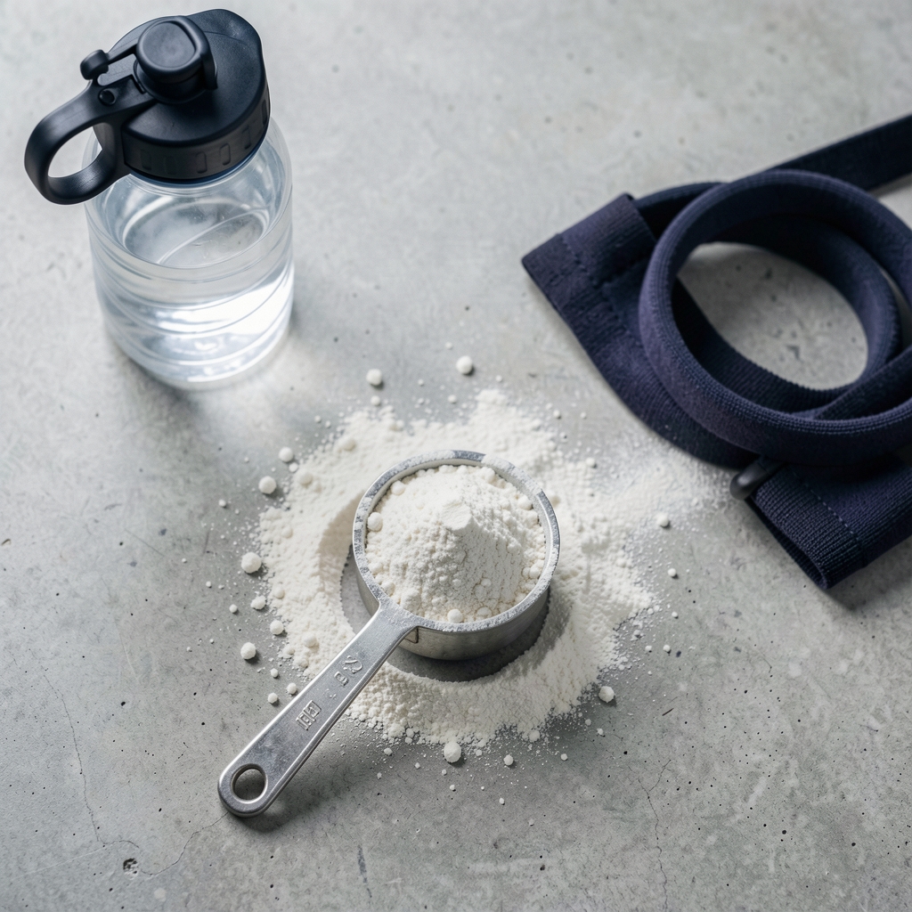 Creatine powder in a measuring scoop next to a gym water bottle and resistance band on a clean concrete surface, editorial flat lay