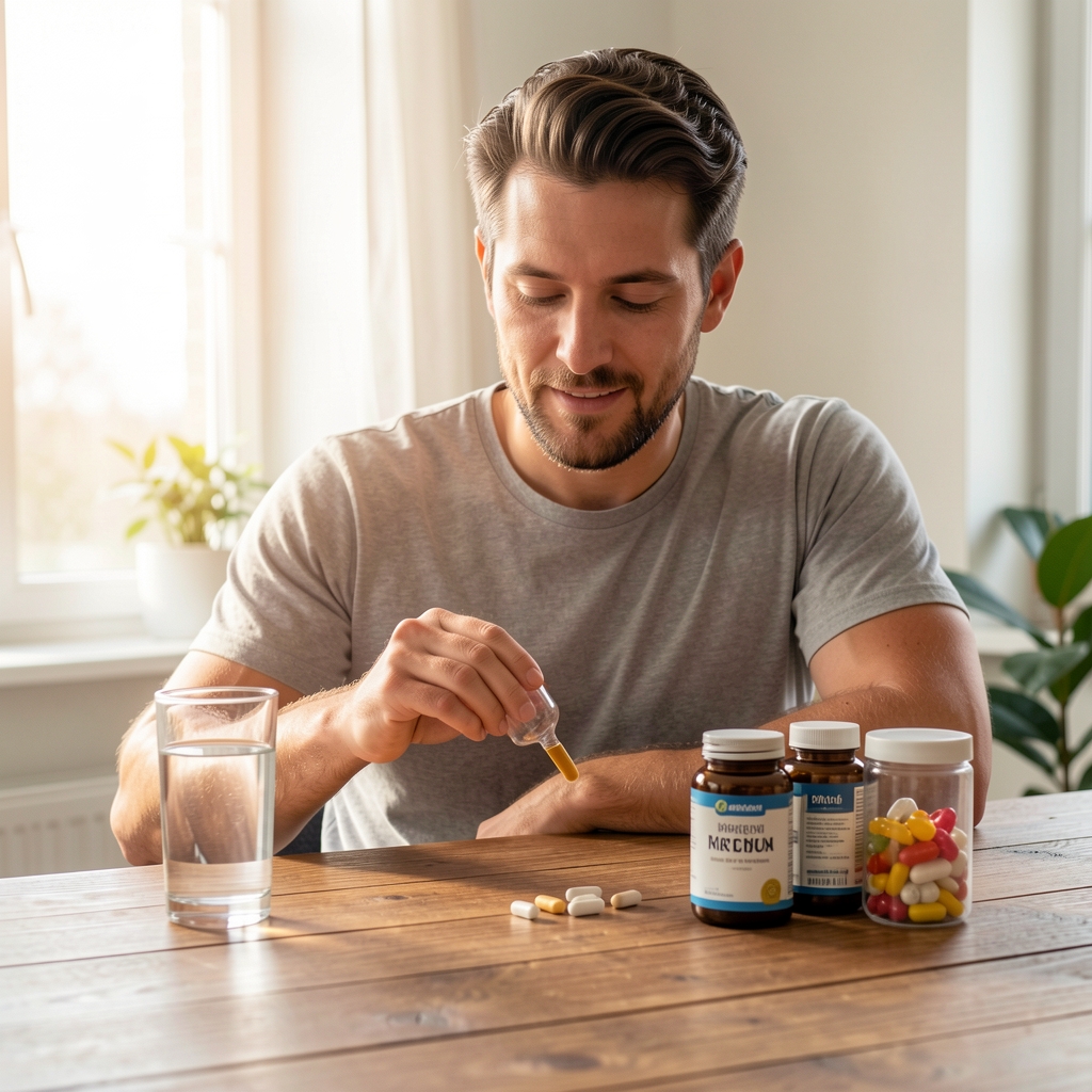 Man preparing morning supplement routine, glass of water and vitamin containers on a wooden desk in natural early light